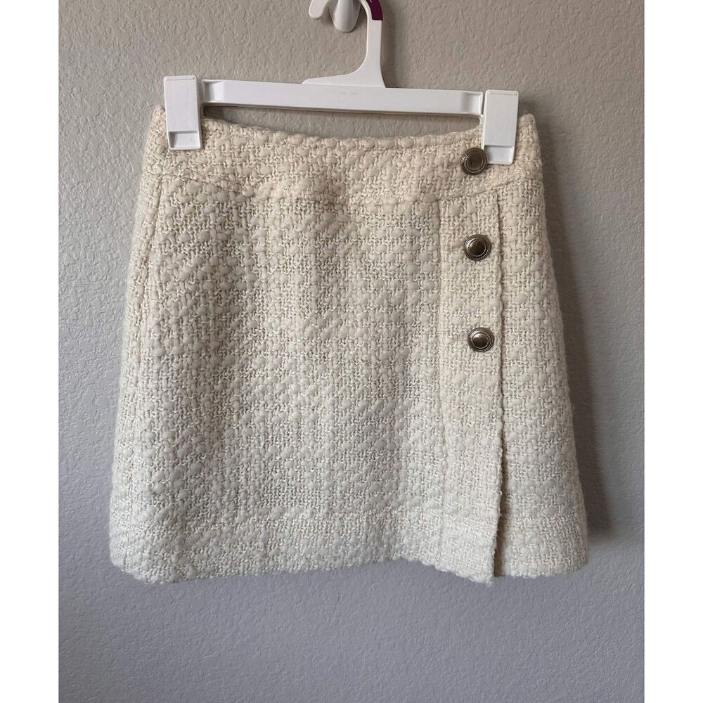 REISS Italian Fabric Ivory Tweed Wool Blend Button Front Mini Skirt Cream Size 0